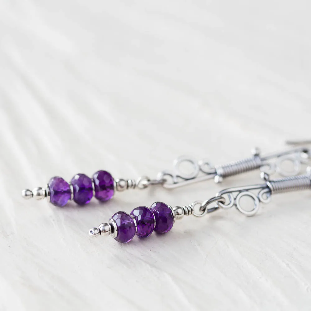 Long Amethyst Earrings, Wire Wrapped Gemstone, Sterling Silver