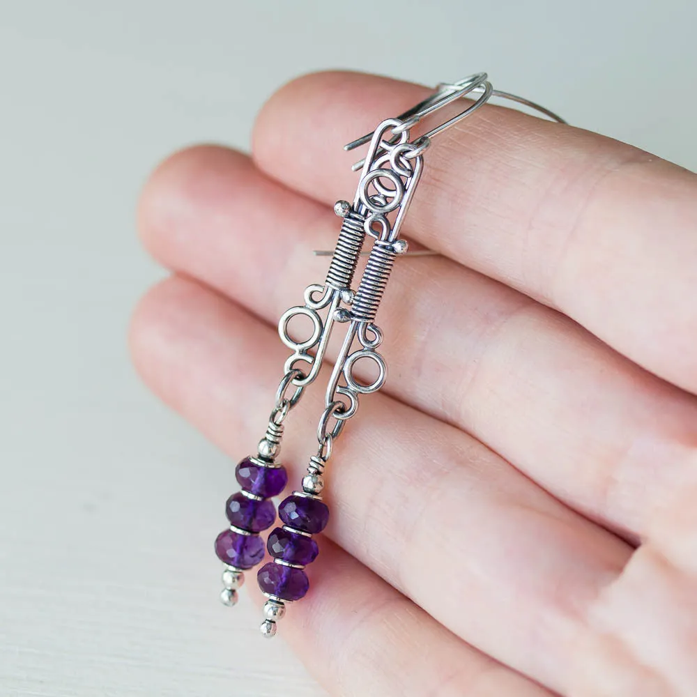 Long Amethyst Earrings, Wire Wrapped Gemstone, Sterling Silver