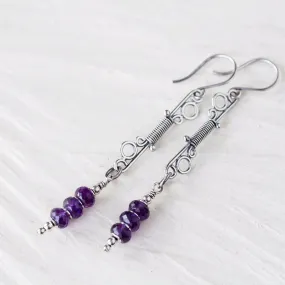 Long Amethyst Earrings, Wire Wrapped Gemstone, Sterling Silver