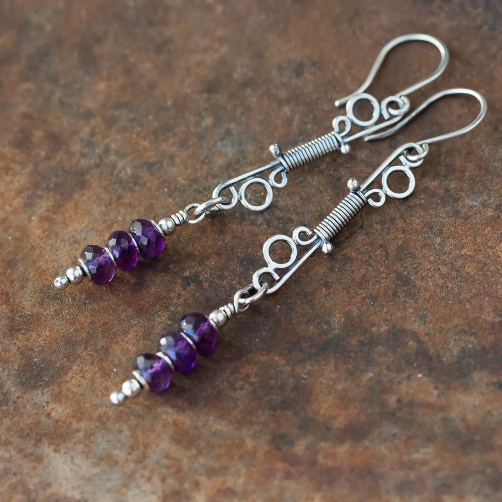 Long Amethyst Earrings, Wire Wrapped Gemstone, Sterling Silver