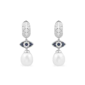 Lucky Eye Earrings With Pearls - White Silver