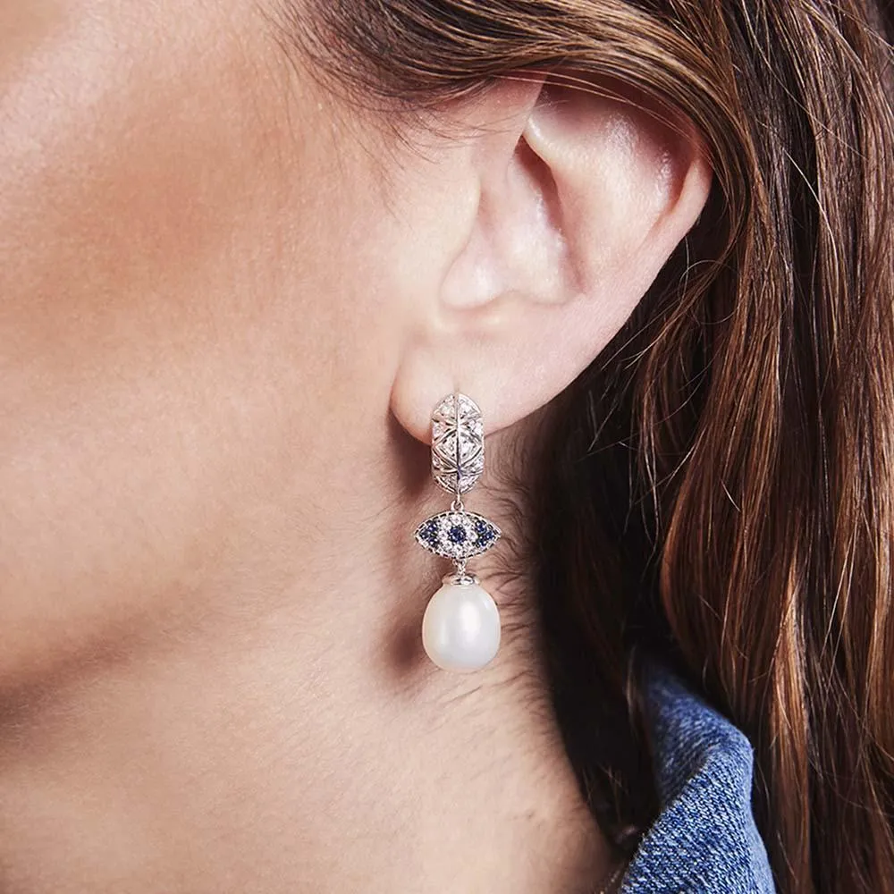 Lucky Eye Earrings With Pearls - White Silver