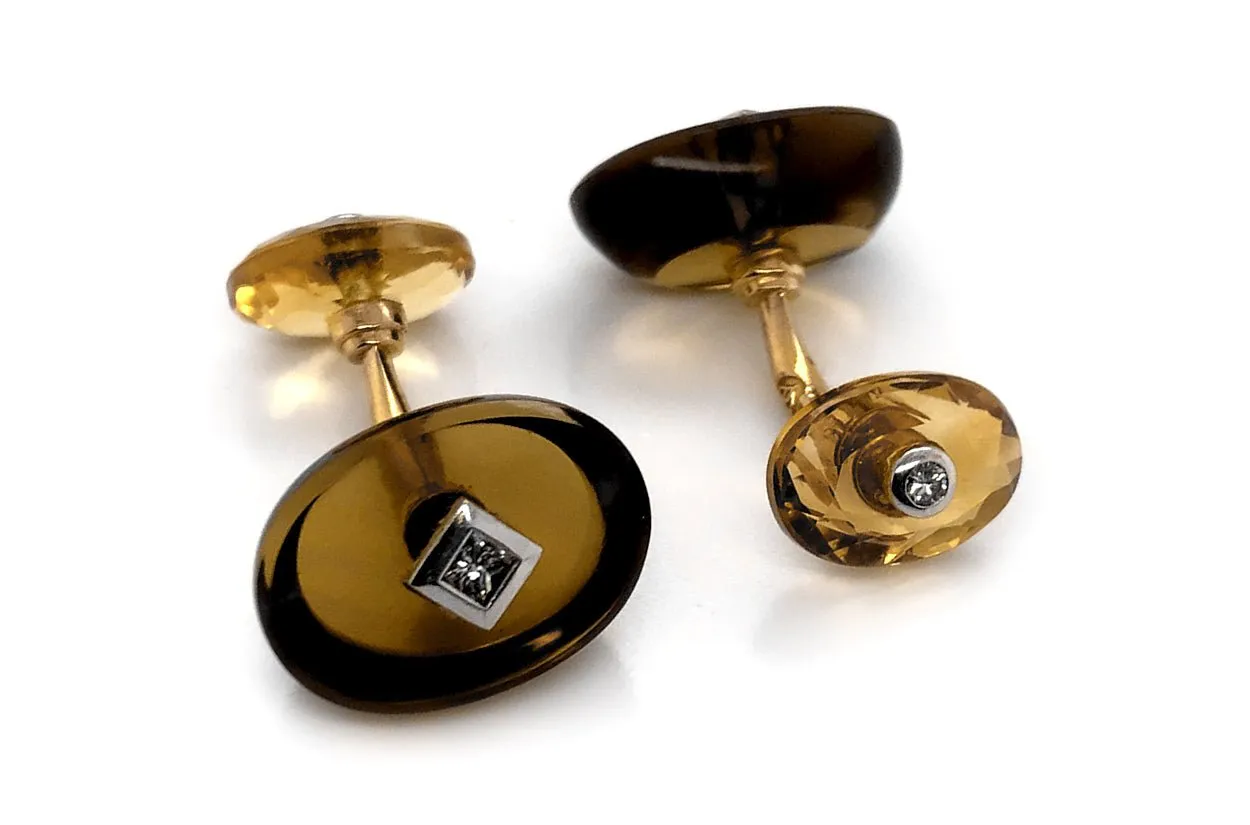 Men's 18kt Gold Oval Smoky Topaz & Carre Diamonds Cufflinks