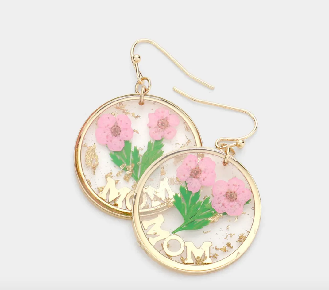 MOM Pressed Flower Clear Lucite Round Dangle Earrings (4 Colors)