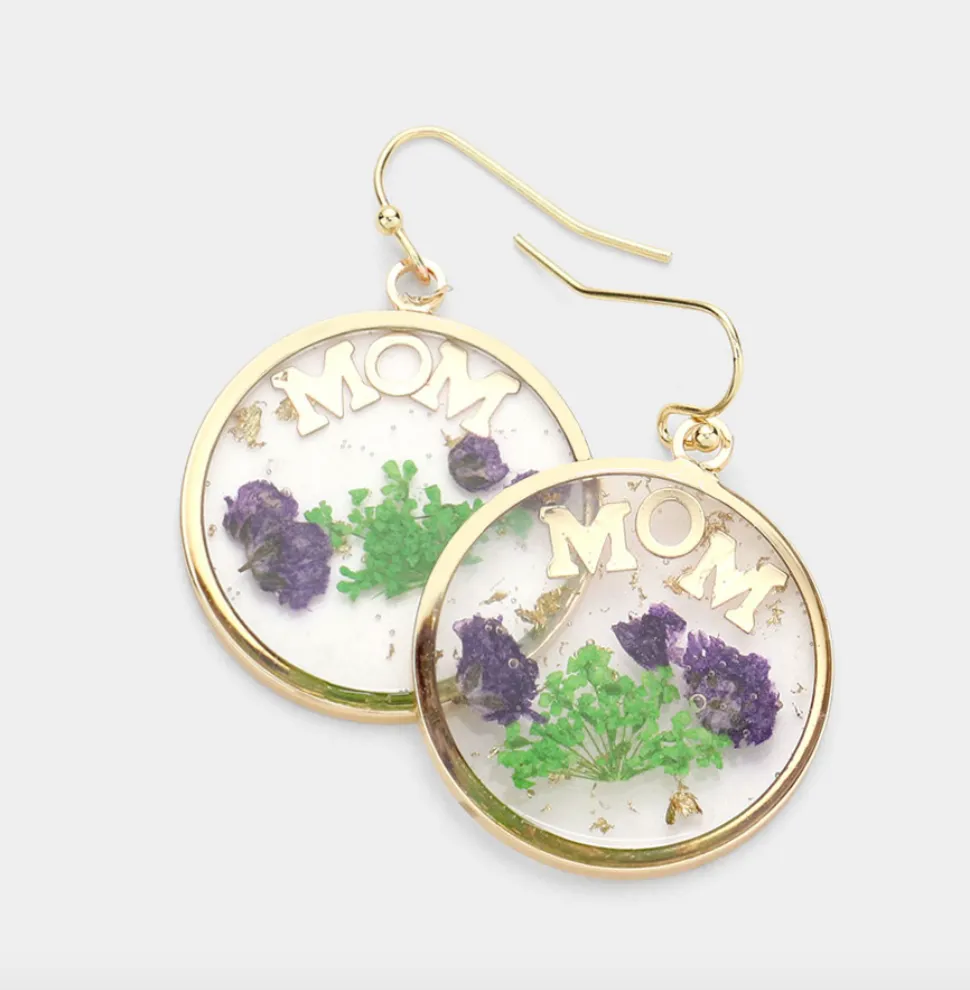 MOM Pressed Flower Clear Lucite Round Dangle Earrings (4 Colors)