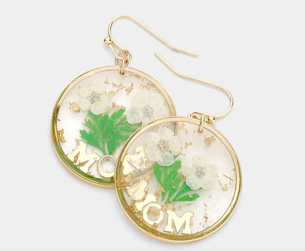 MOM Pressed Flower Clear Lucite Round Dangle Earrings (4 Colors)