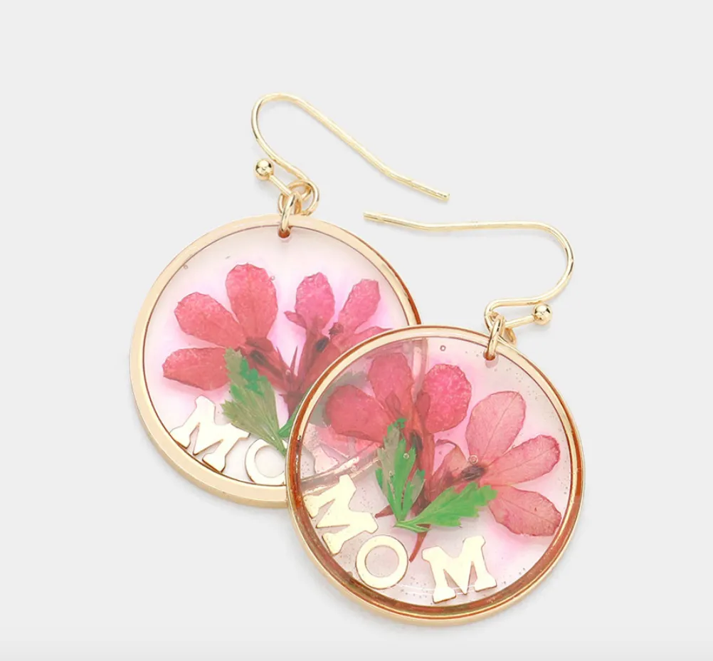 MOM Pressed Flower Clear Lucite Round Dangle Earrings (4 Colors)