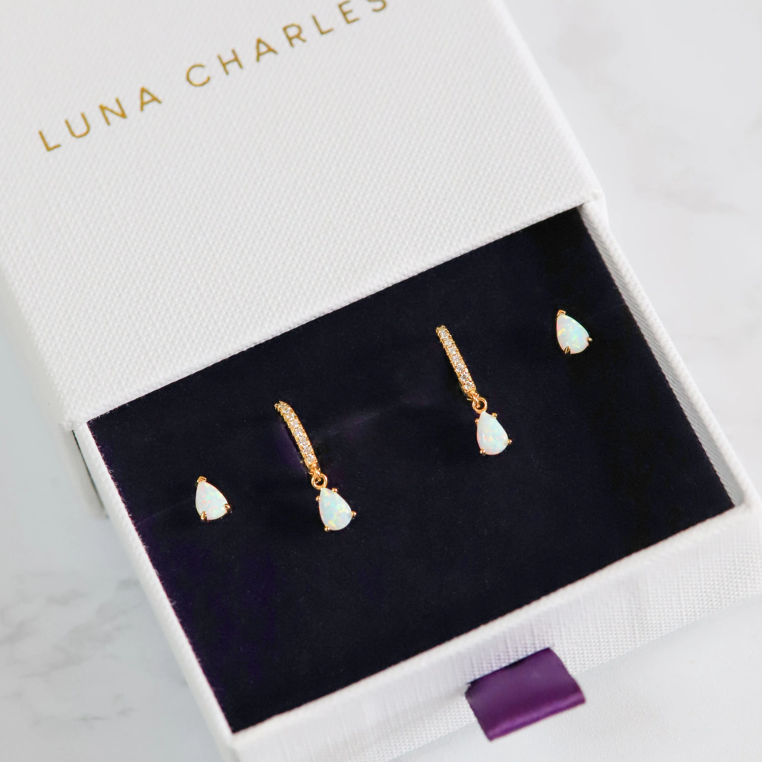 Opal Earring Gift Set | Huggie Hoops & Stud Earrings | 18k Gold Plated