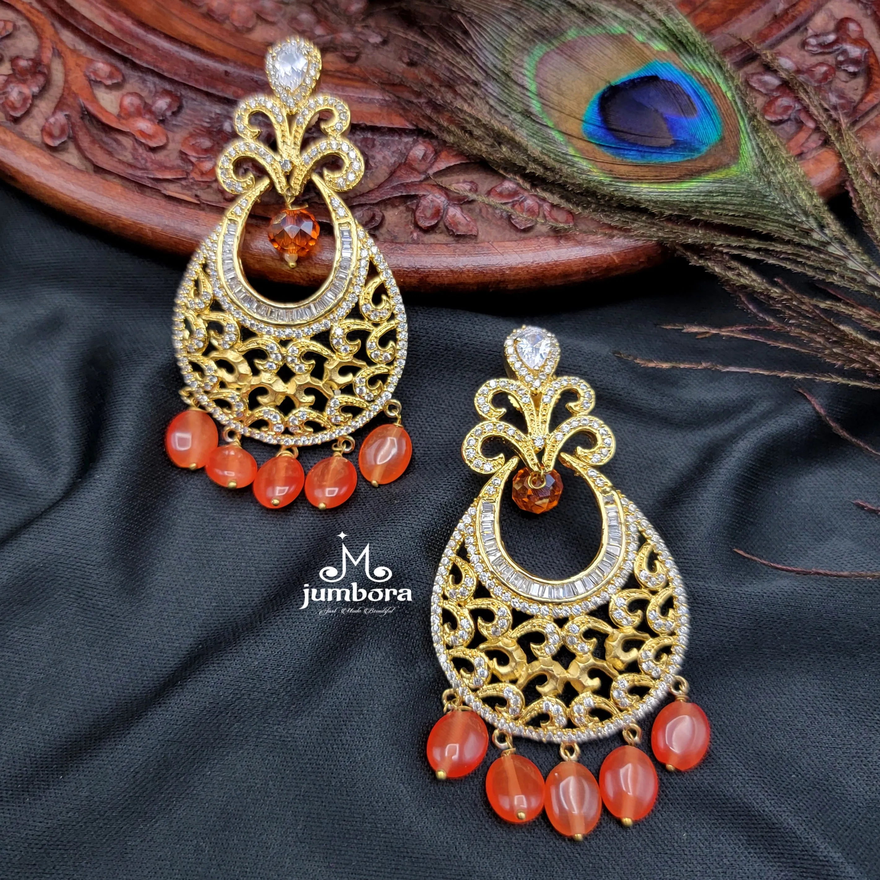 Partywear Designer White AD Zircon Chaandbali Earrings With Orange Beads