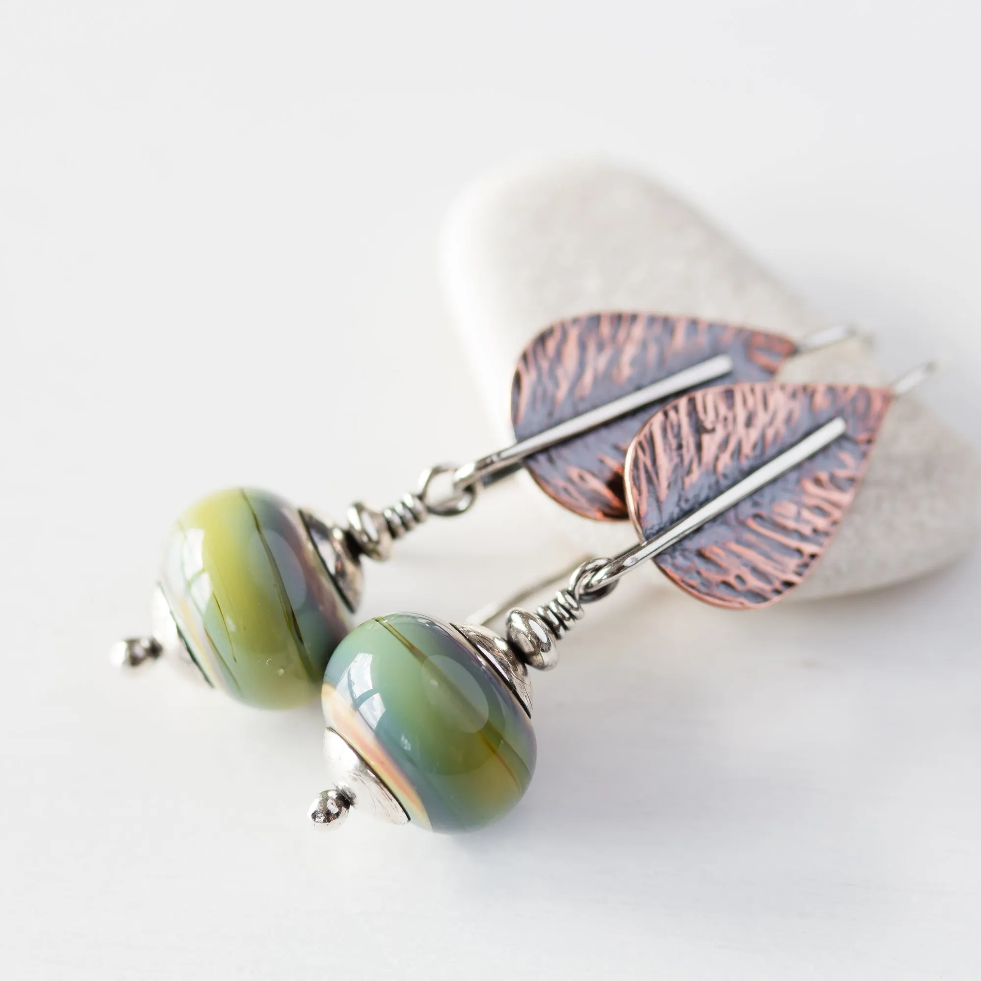 Pastel Green Earrings, hammered copper leaf with lampwork beads