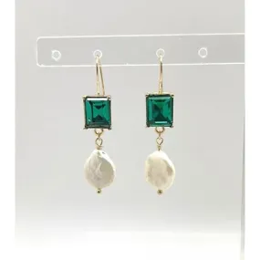 Pearl Drop Earrings With Green Glass Stone