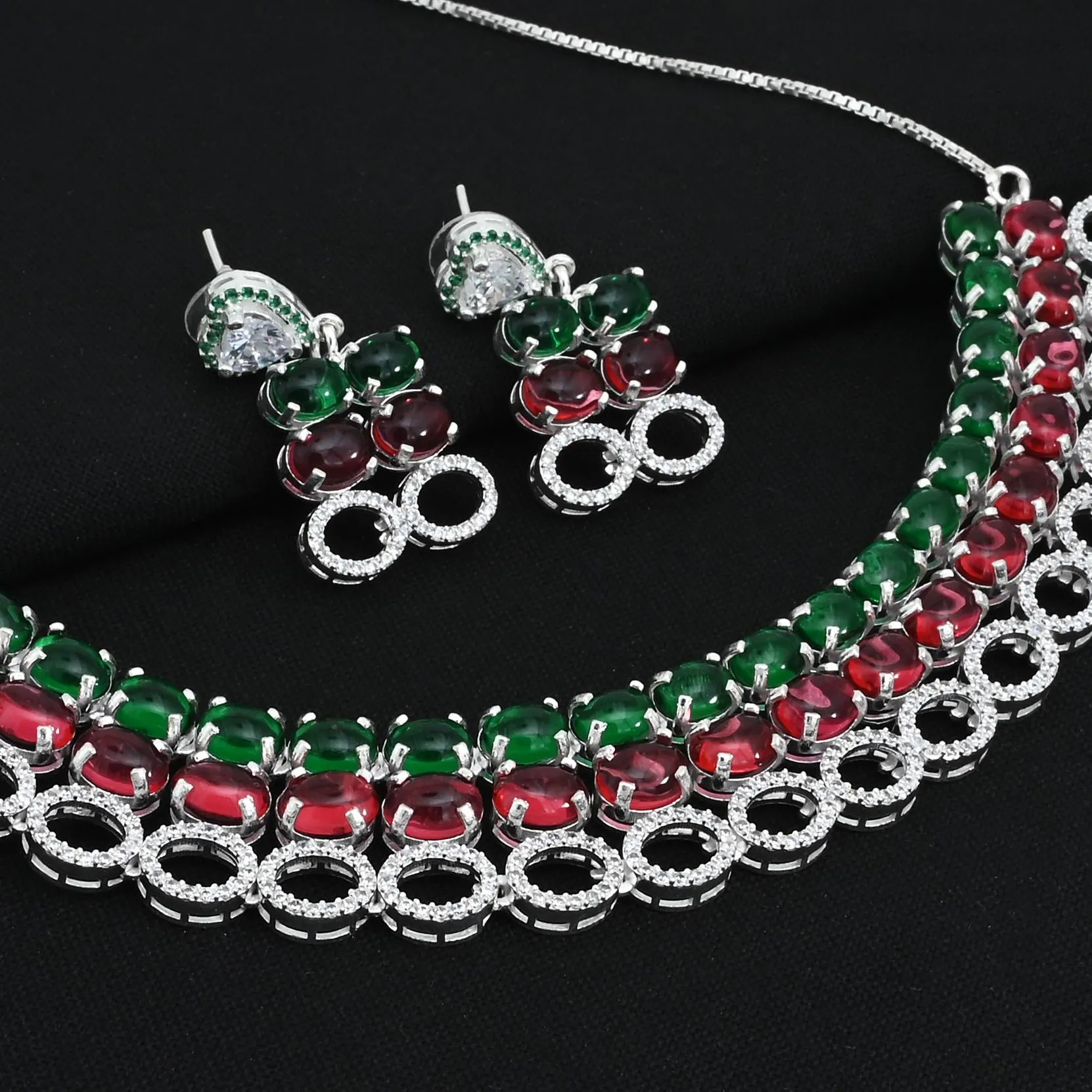 Premium Silver Bridal Jewellery Set of Gemstone Necklace And Earrings