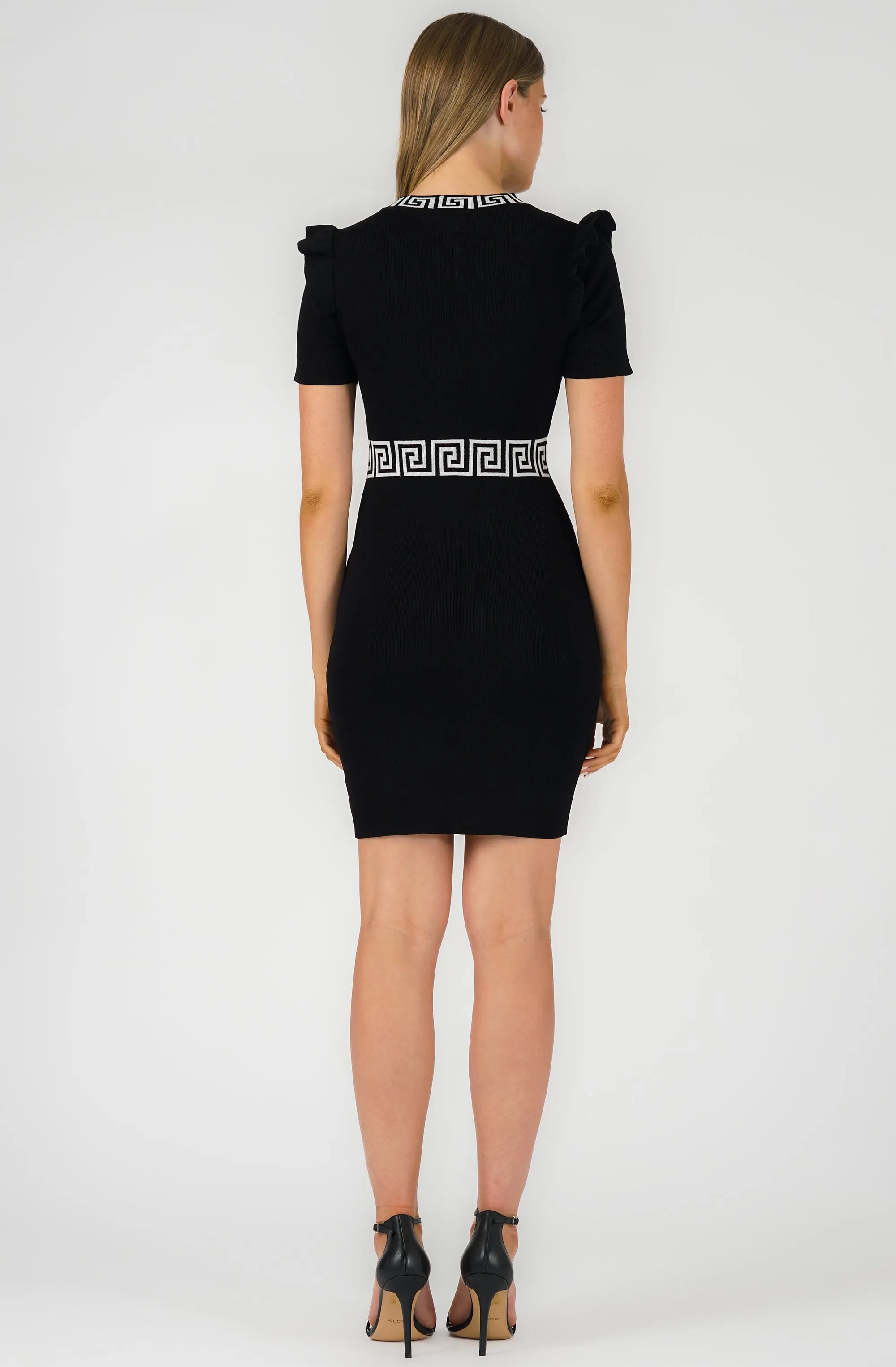 Printed Contrast Trim Knit Dress with Zipper Front