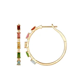 RAINBOW BAGUETTE GEMSTONE AND DIAMOND HOOPS