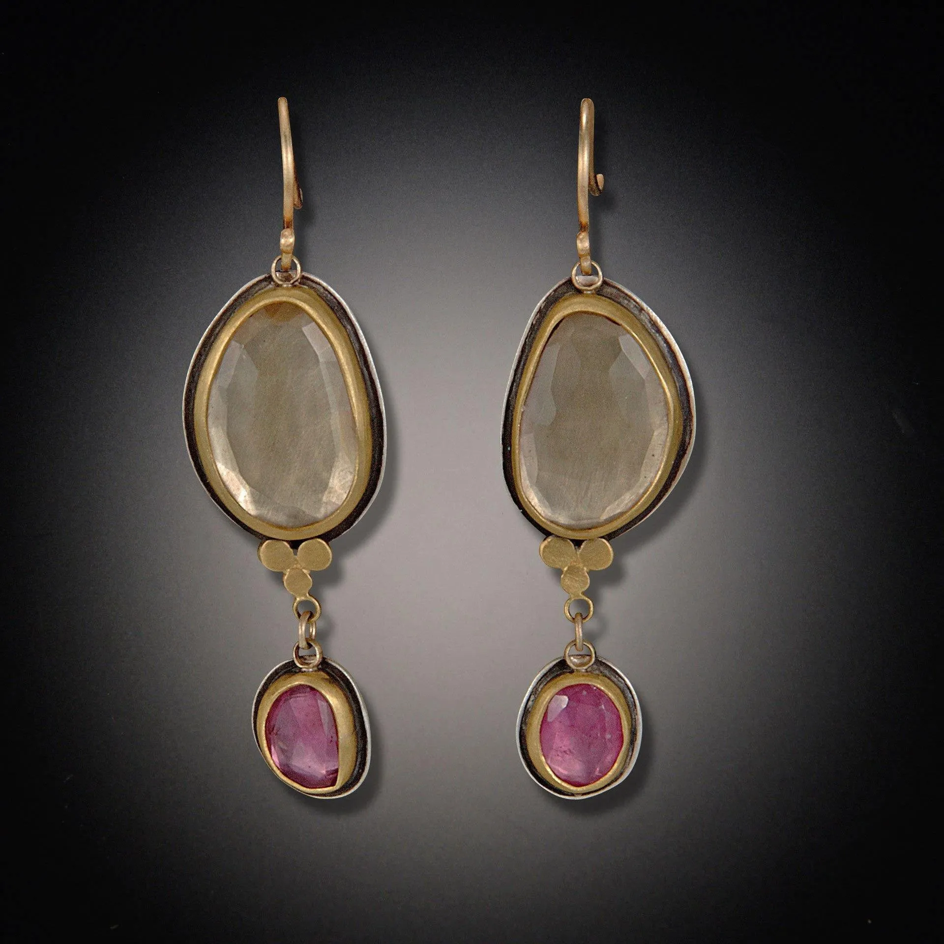 Rose Cut Champagne Quartz and Pink Sapphire Earrings