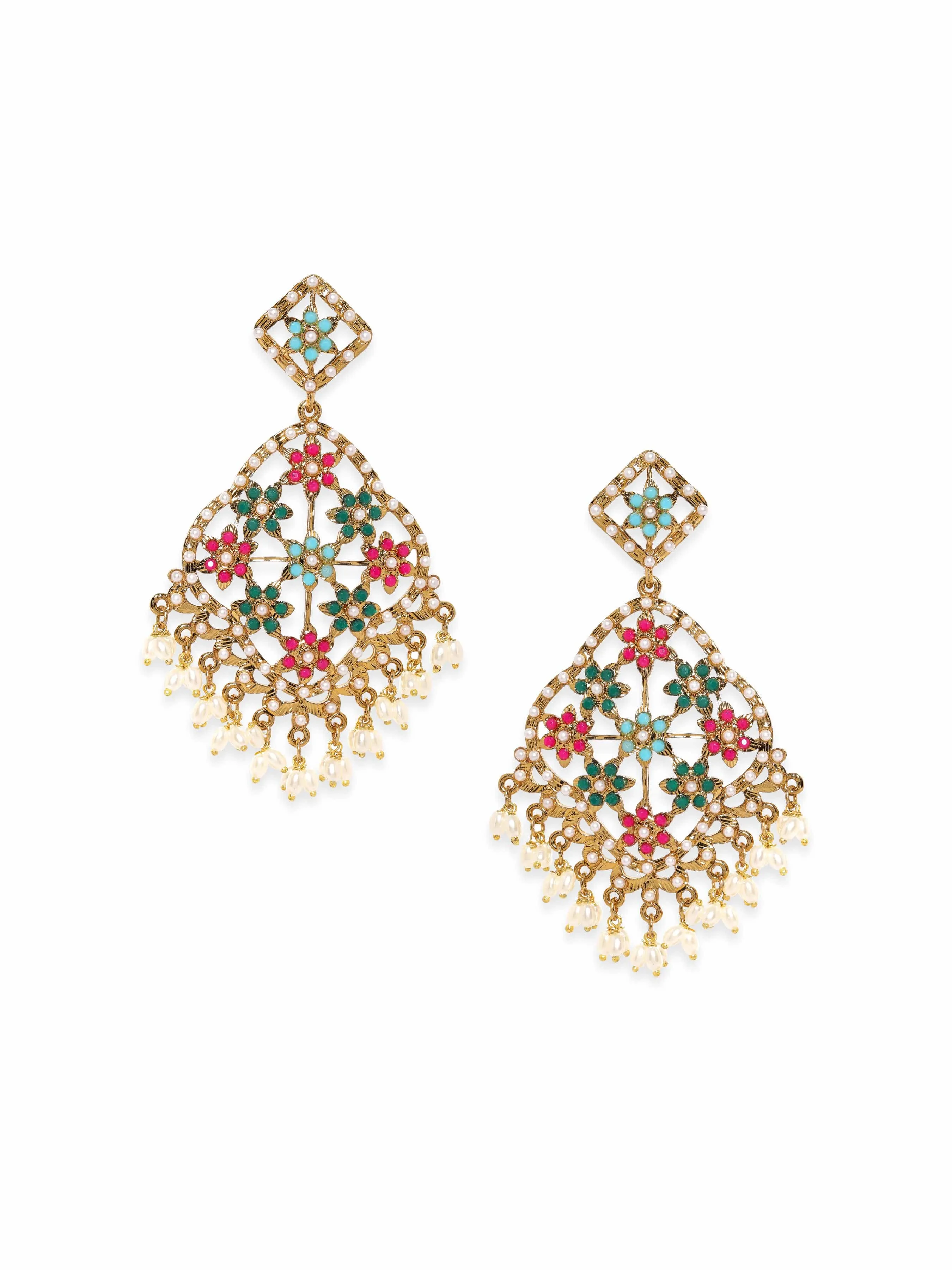 Rubans 22K Antique Gold Plated Multi Colour Pearl Studded Statement Chandbali Earrings