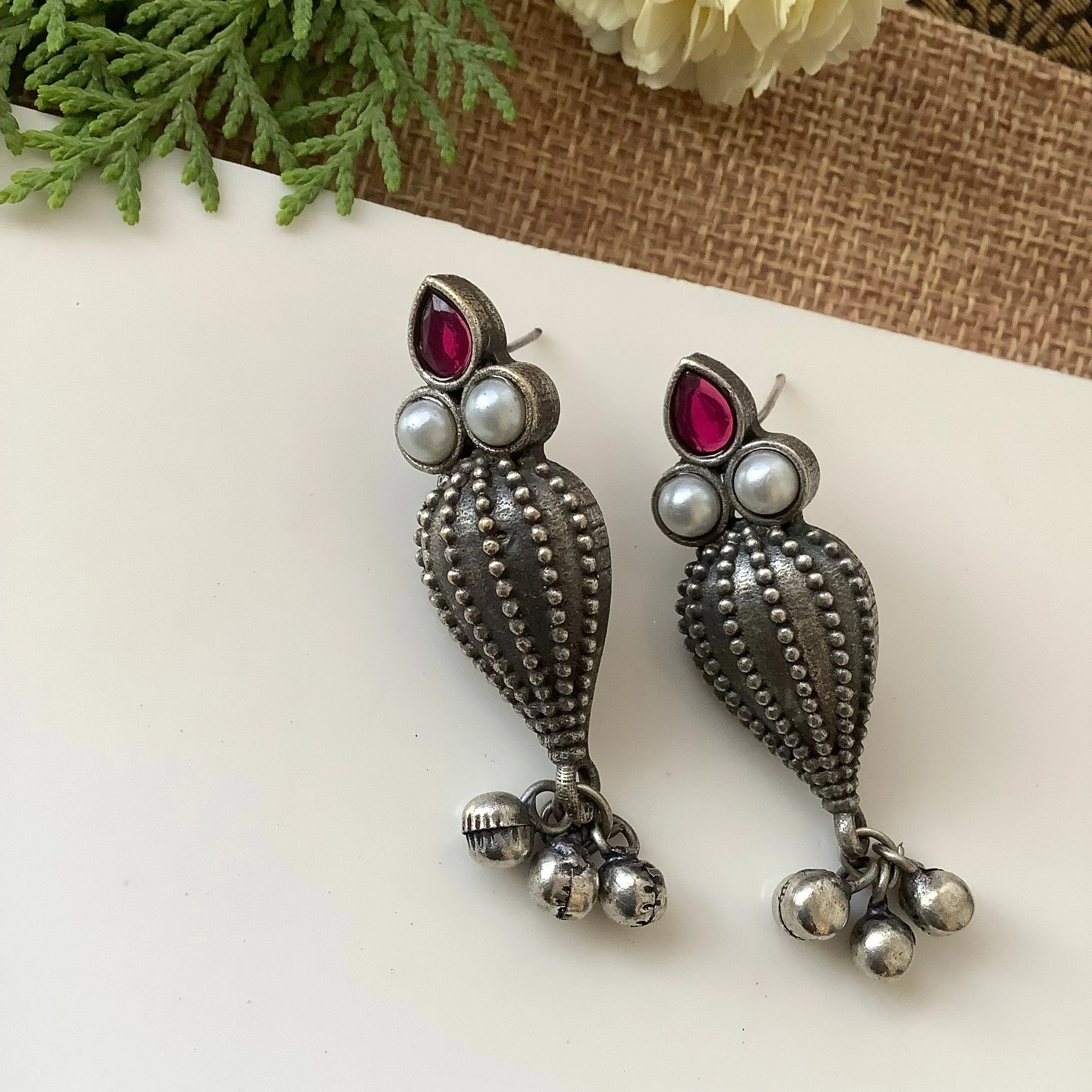 Salvanity German Silver Sea Shell earrings Red Stone and Pearl