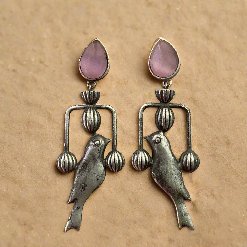 Salvanity German Silver Trendy Pakshi (Bird) Earrings - Monalisa Pink