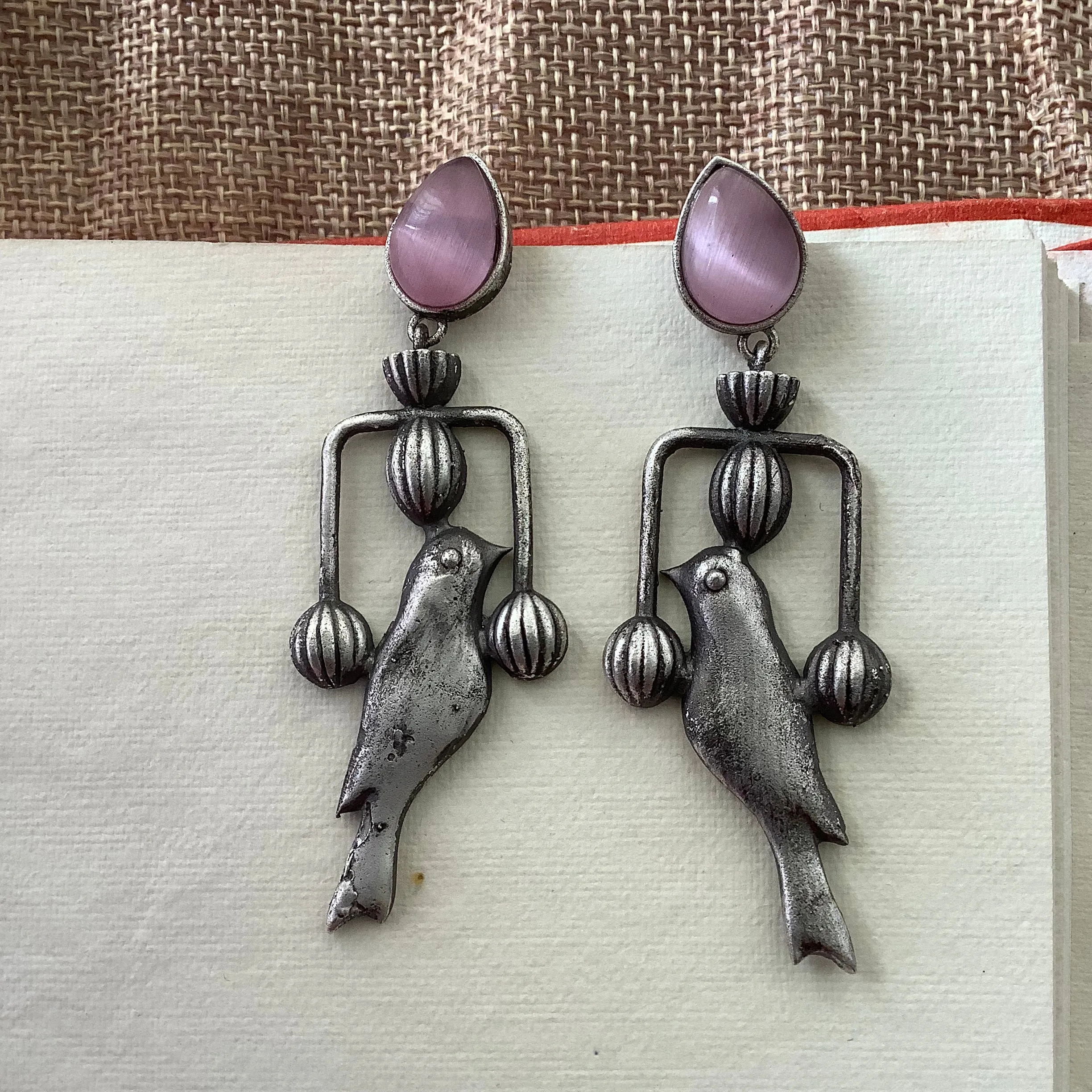 Salvanity German Silver Trendy Pakshi (Bird) Earrings - Monalisa Pink