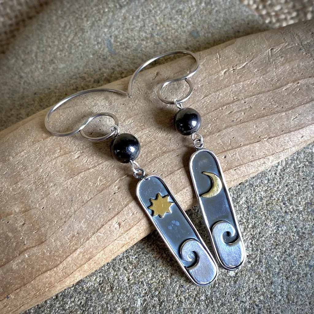 Shungite Earrings With Mixed Metals, Ocean Waves, Sun, Moon