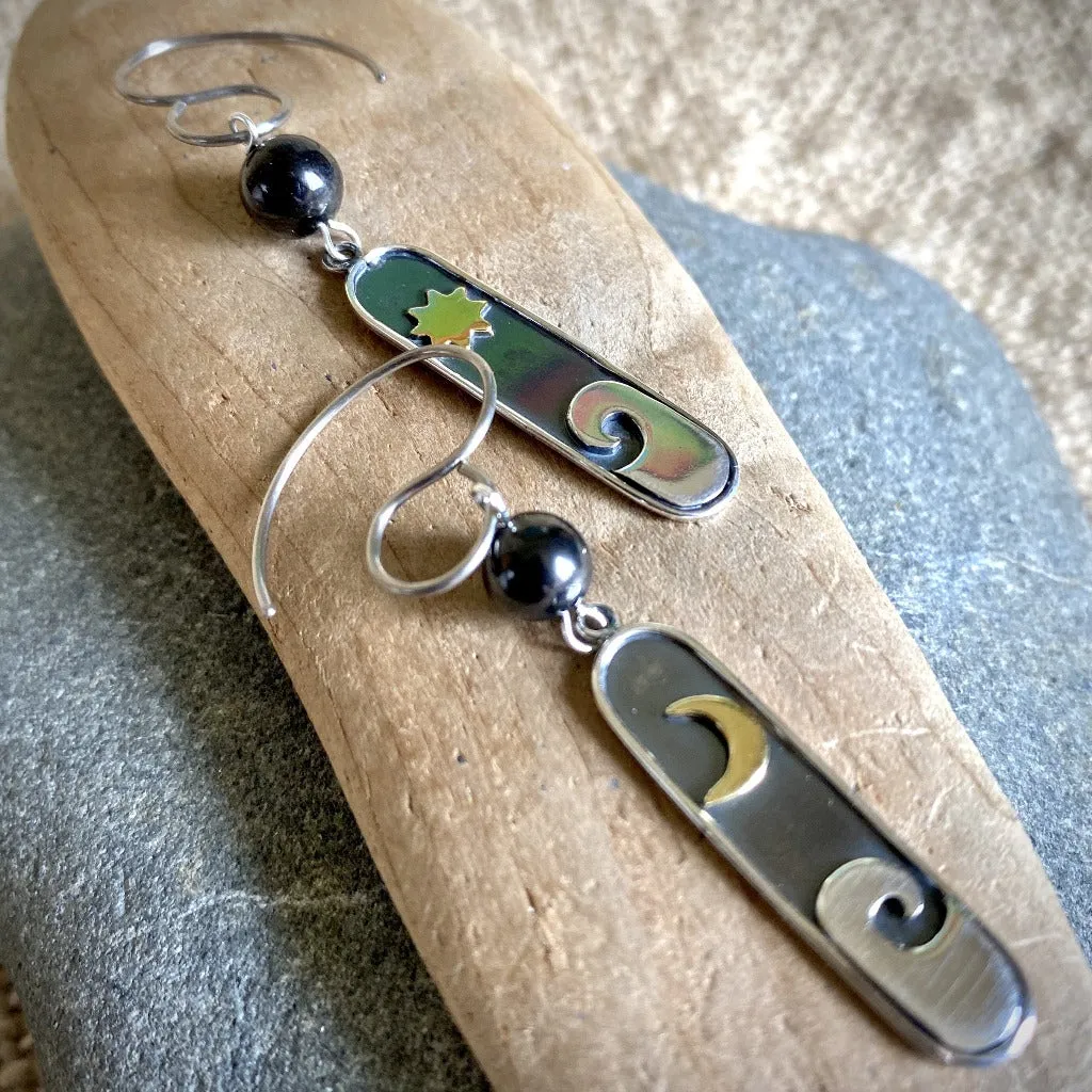 Shungite Earrings With Mixed Metals, Ocean Waves, Sun, Moon