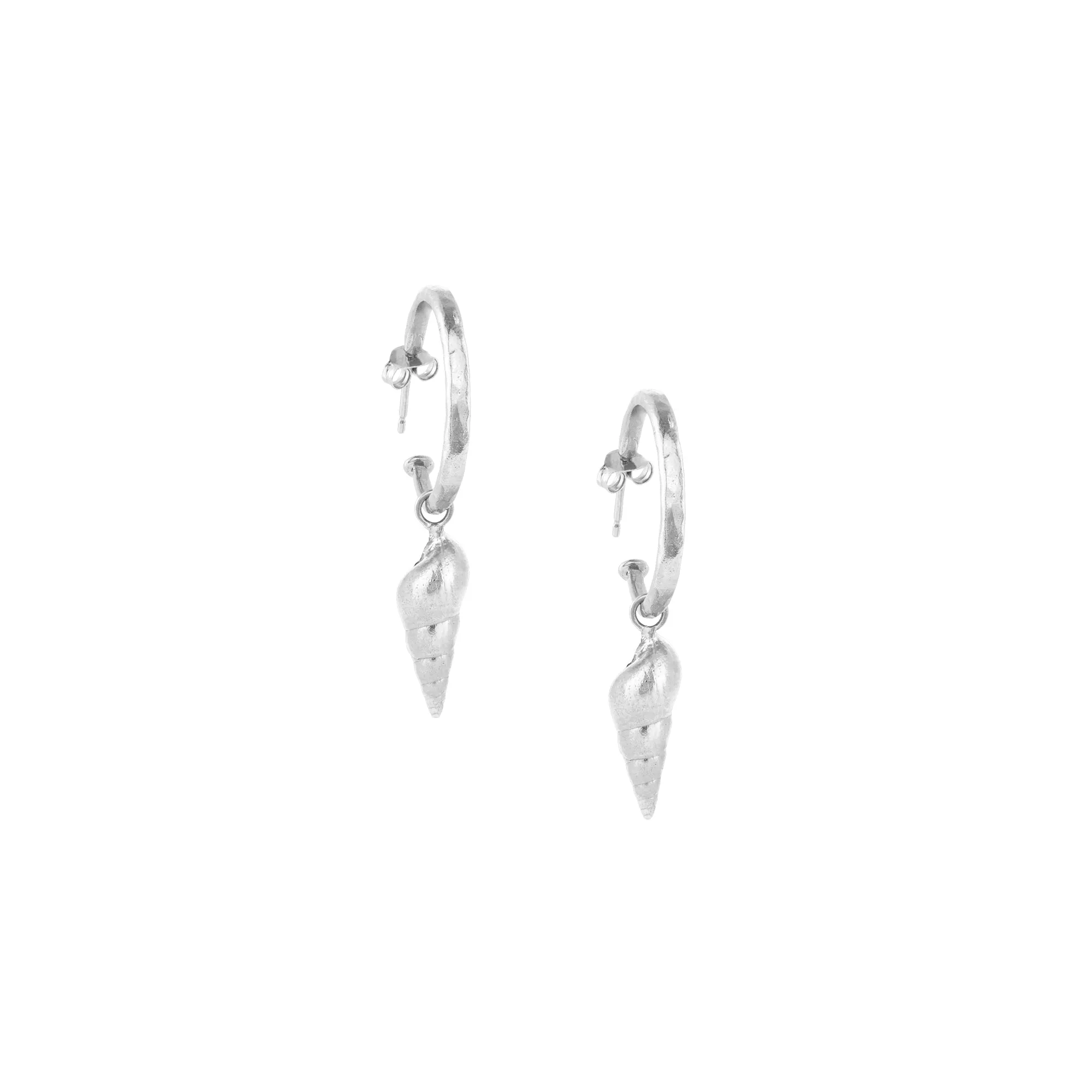 Silver Mini Spiral Shell Hammered Hoop Earrings - Smalll