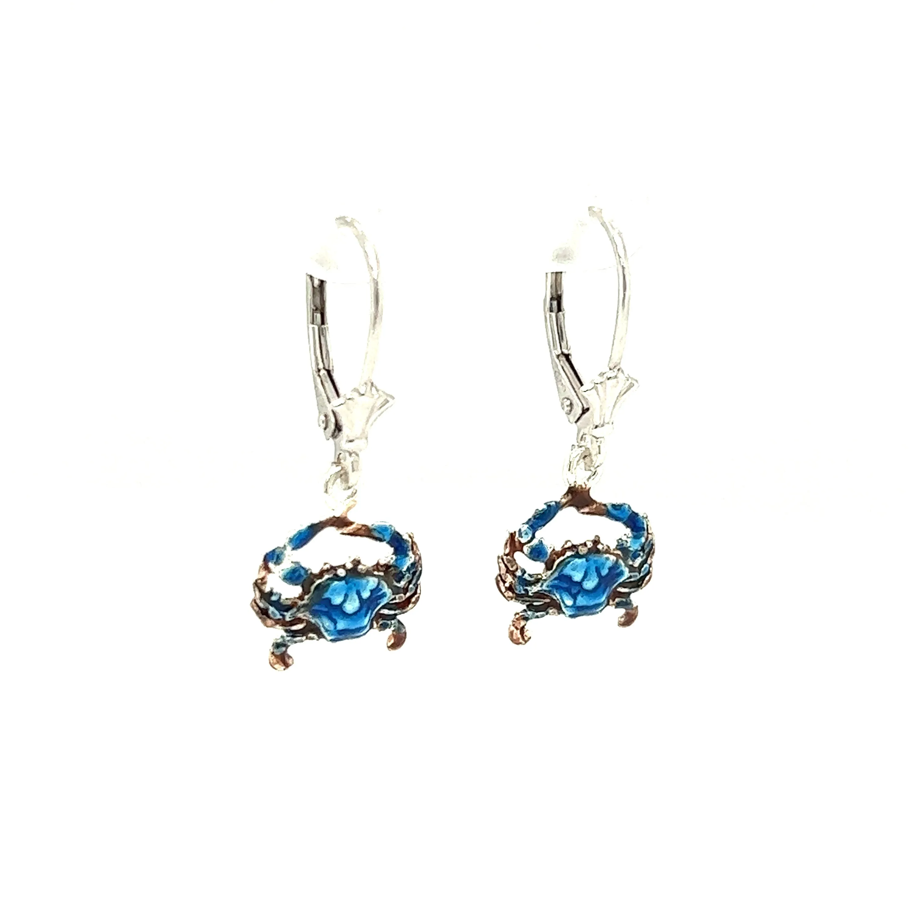 Small Blue Crab Dangle Earrings with Enameling in Sterling Silver