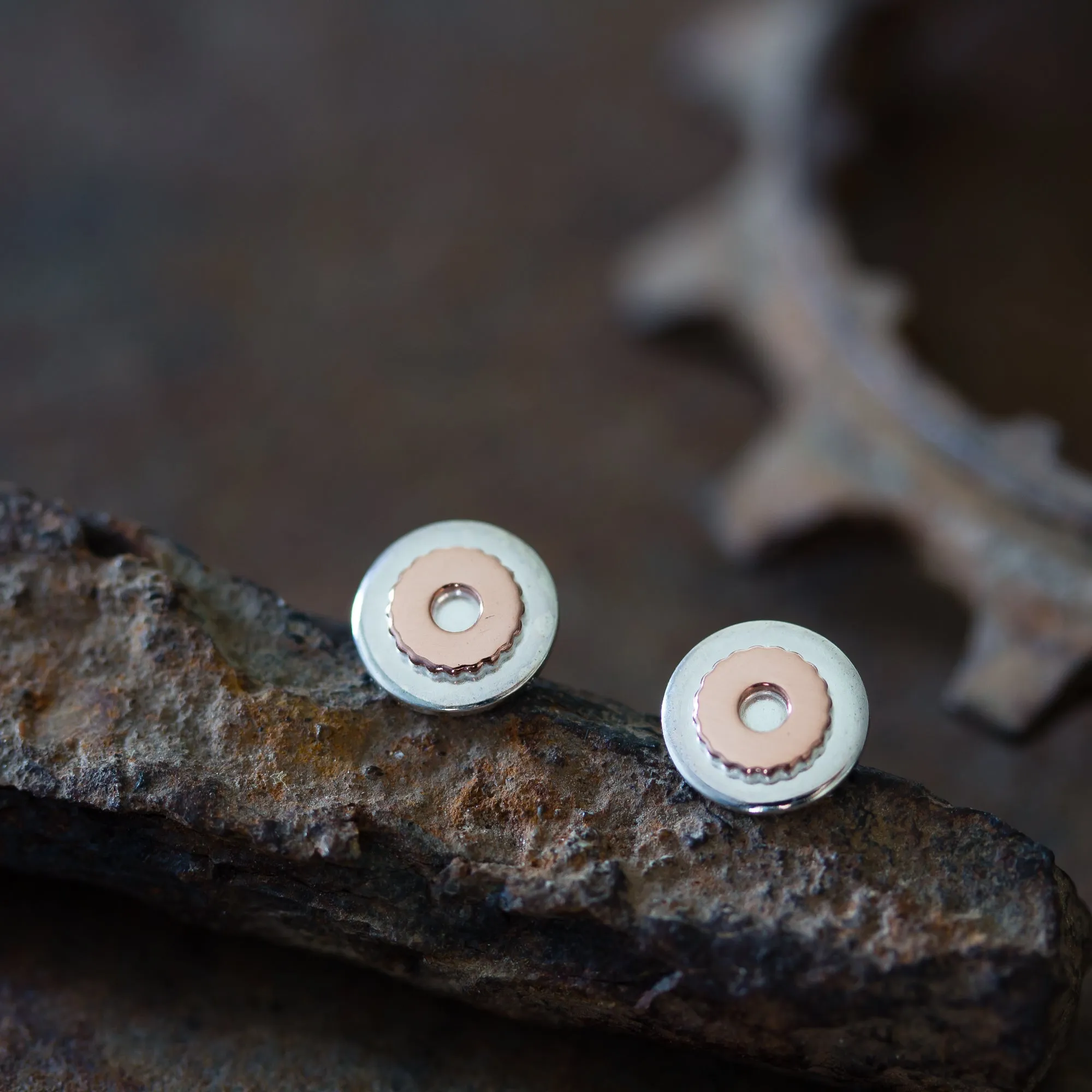 Small Gear Stud Earrings, Sterling Silver and Copper