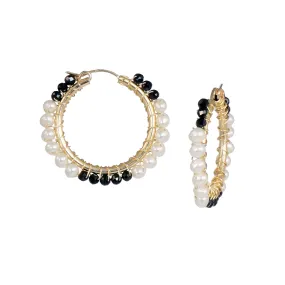 Spinel and Pearl Simple Gold Hoop Earrings