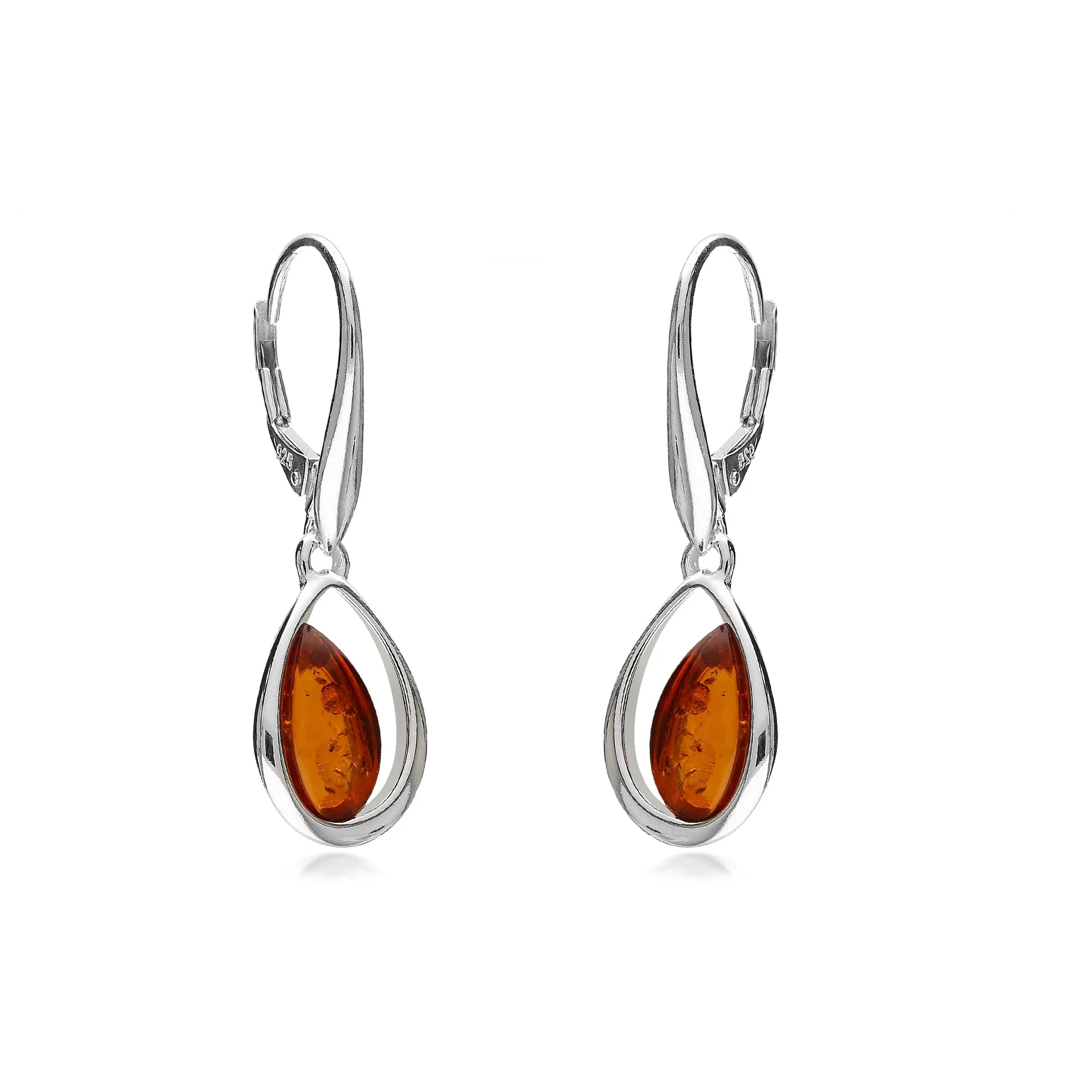 Sterling Silver Amber Designer Offset Teardrop Earrings