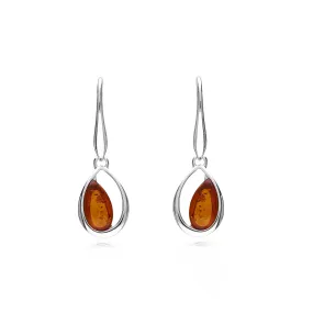 Sterling Silver Amber Designer Offset Teardrop Earrings