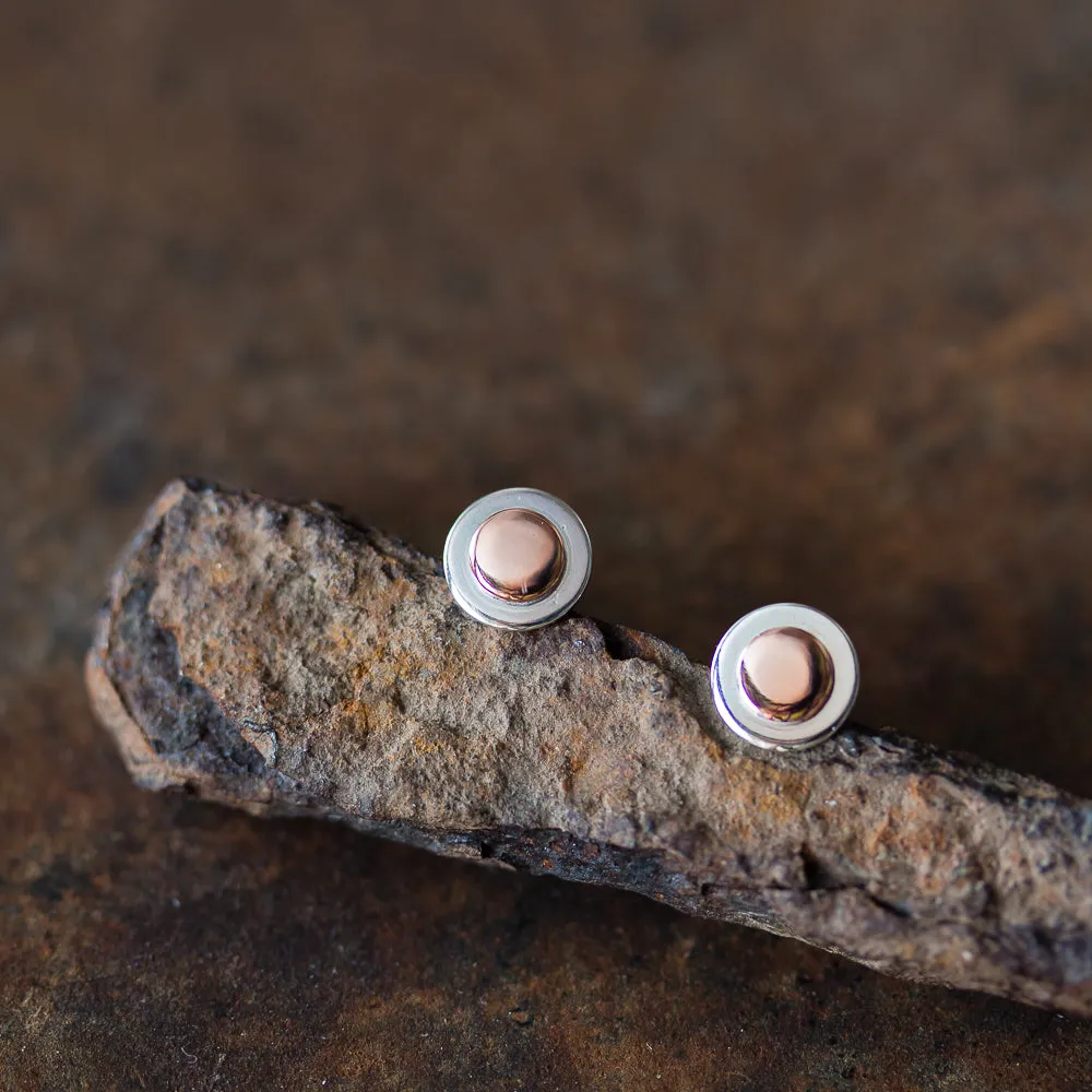 Sterling Silver and Copper Stud Earrings, Small Round Layered Disc