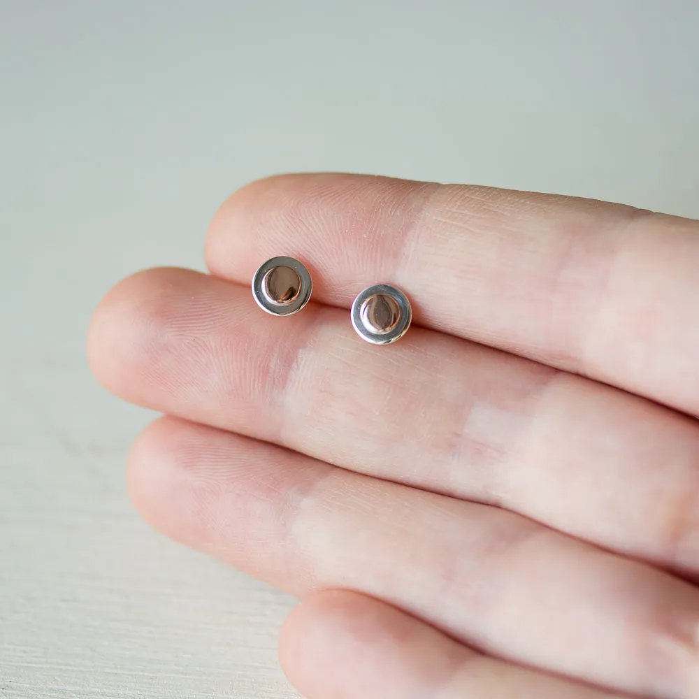 Sterling Silver and Copper Stud Earrings, Small Round Layered Disc