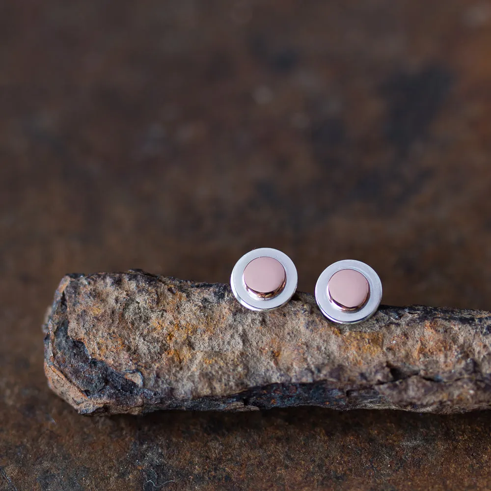 Sterling Silver and Copper Stud Earrings, Small Round Layered Disc