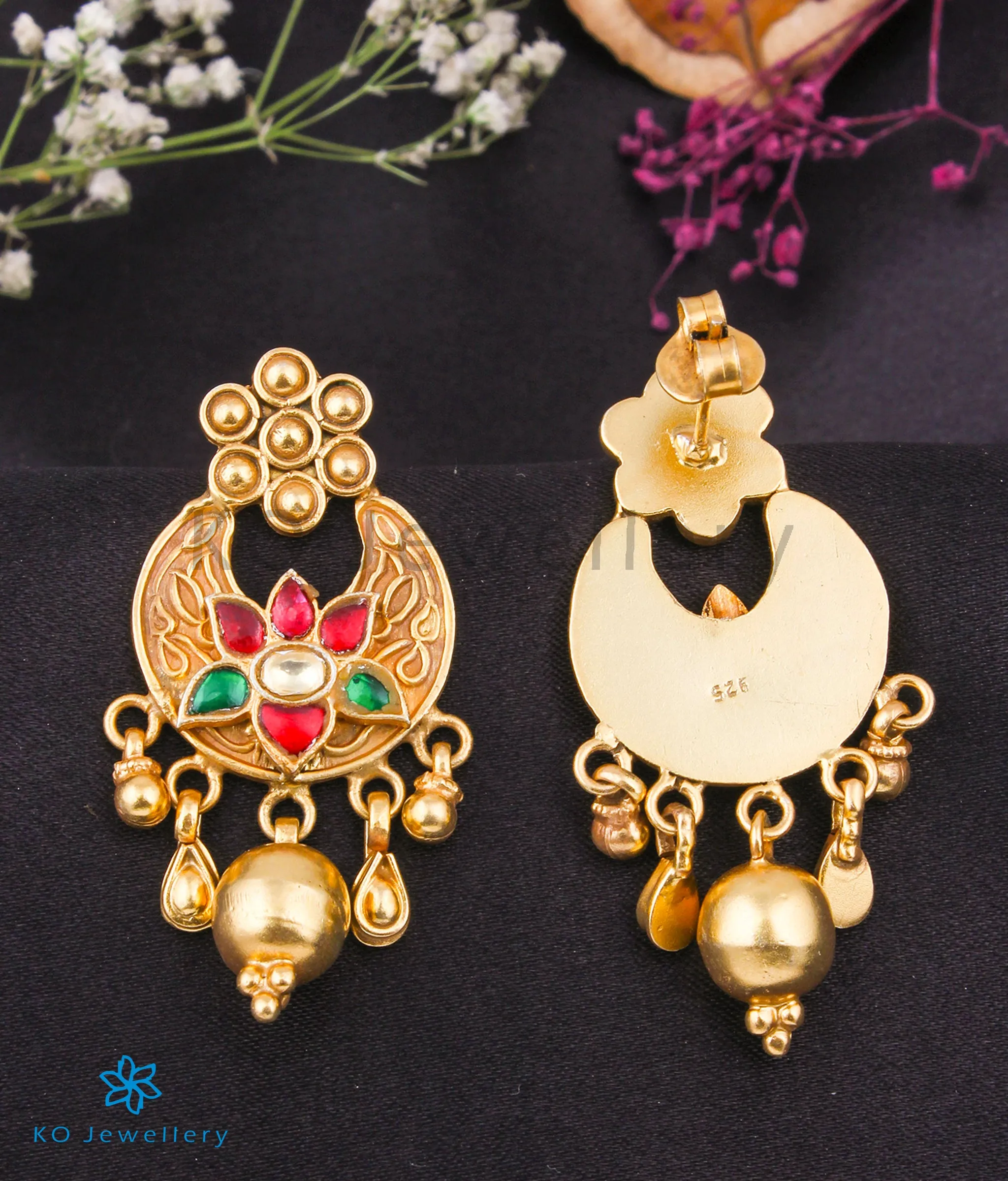 The Arshia Silver Kundan Earrings(Red/Green)