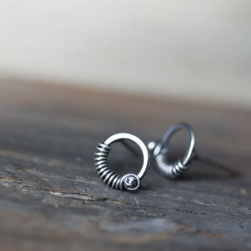 Unique Silver Circle Earrings, wire wrapped studs