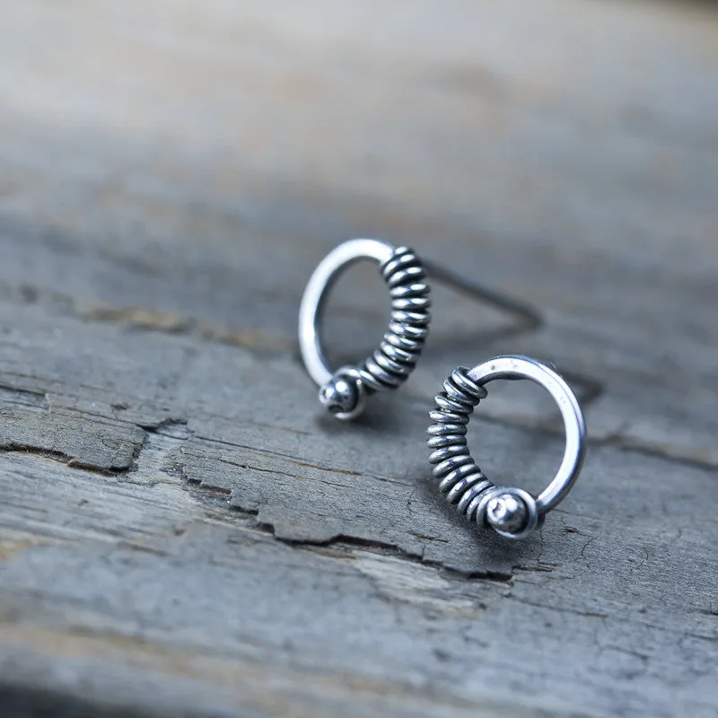 Unique Silver Circle Earrings, wire wrapped studs